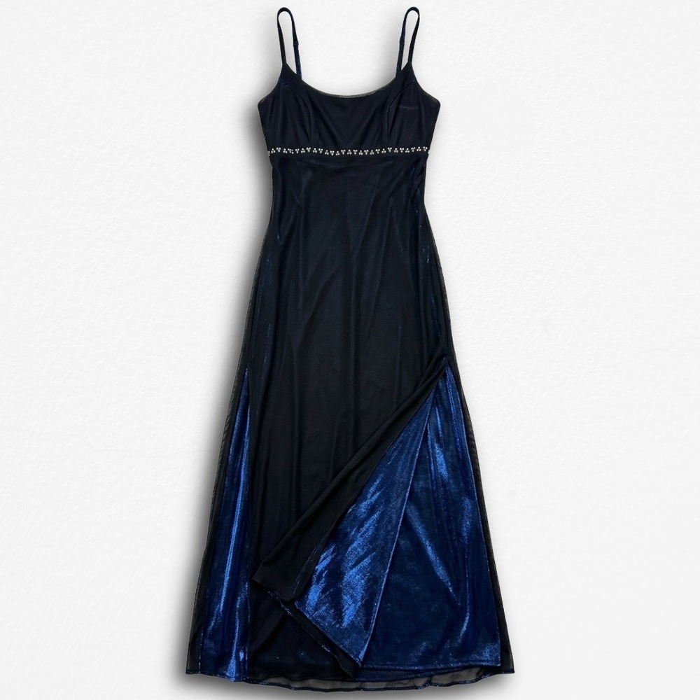 Vintage Betsey & Adam Y2K Black Blue Metallic Mesh Formal Gown 12 Petite